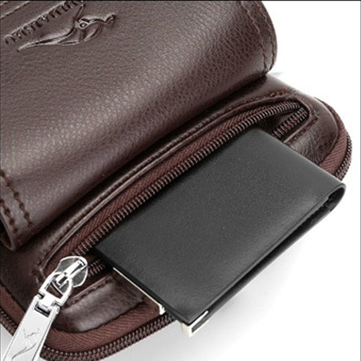 Modern brown vertical men's crossbody bag; stylish accessory for easy, secure daily organization.