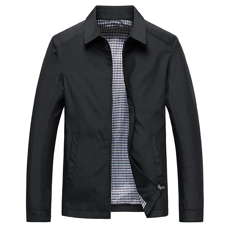 Men's black zip-up jacket with stylish checked lining. Perfect smart casual outerwear.