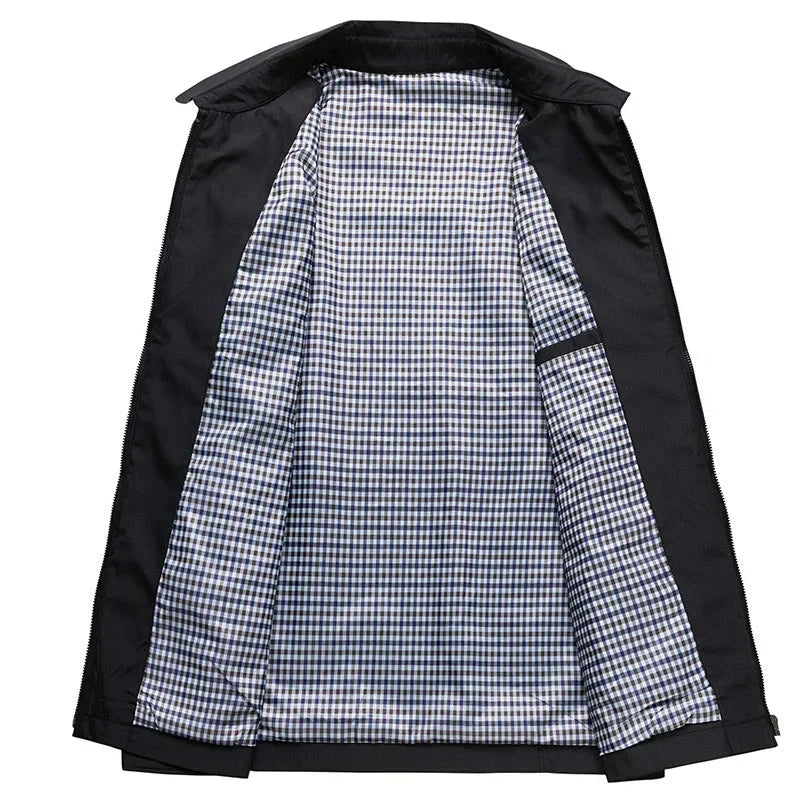 Lightweight men's black casual jacket, ideal for all seasons. Shows the unique checked lining detail.