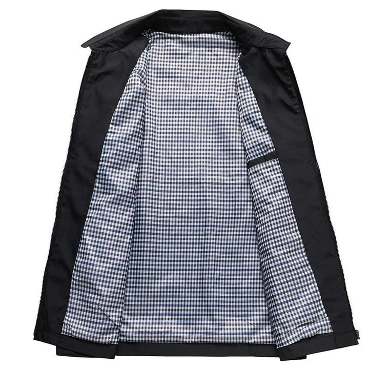 Lightweight men's black casual jacket, ideal for all seasons. Shows the unique checked lining detail.