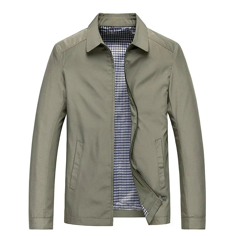 Men's all-season black zip-up jacket. A smart casual outerwear piece with a distinctive checked lining.
