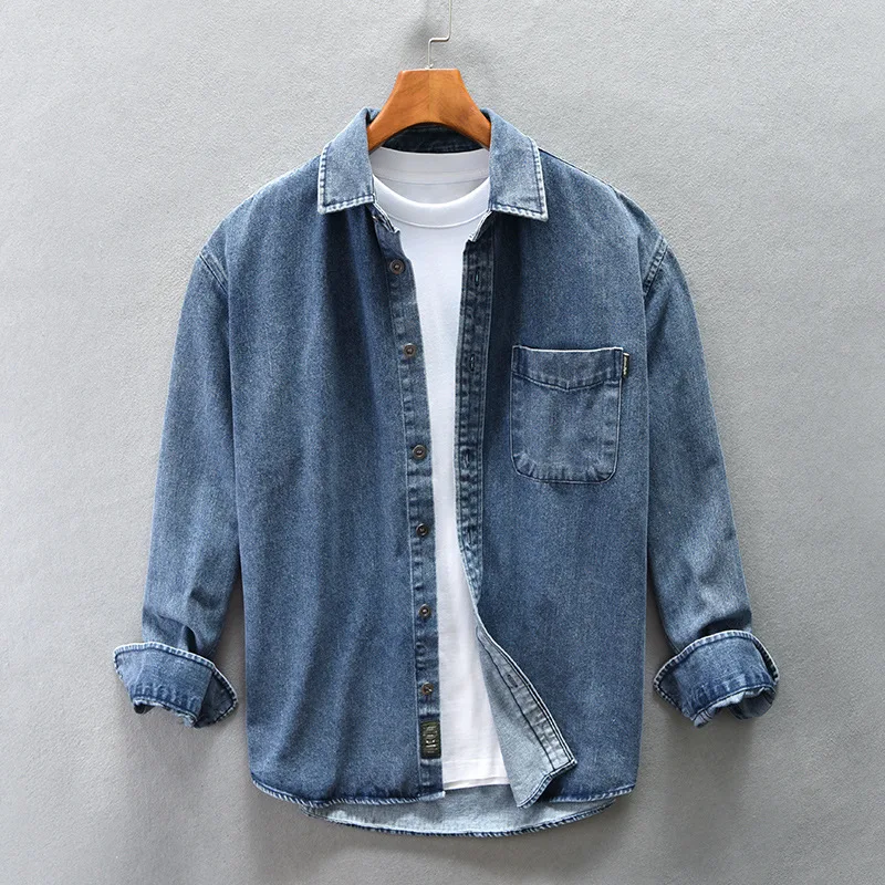 Men's blue washed denim button-up shirt, long sleeve, relaxed fit for casual everyday style.