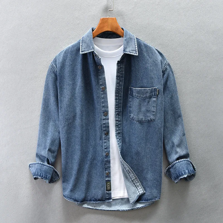 Men's blue washed denim button-up shirt, long sleeve, relaxed fit for casual everyday style.