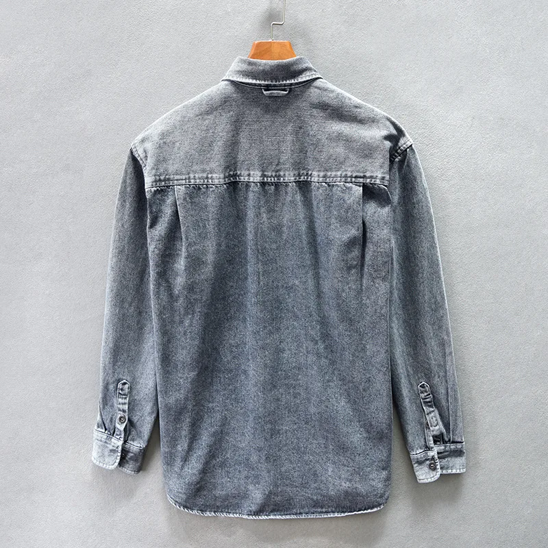 Men's gray washed denim button-up shirt, long sleeve, relaxed fit, ideal for casual everyday fashion.
