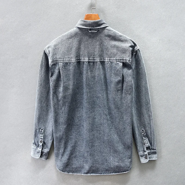Men's gray washed denim button-up shirt, long sleeve, relaxed fit, ideal for casual everyday fashion.