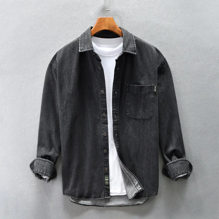 Stylish men's black washed denim button-up shirt, versatile for casual wear & everyday comfort.