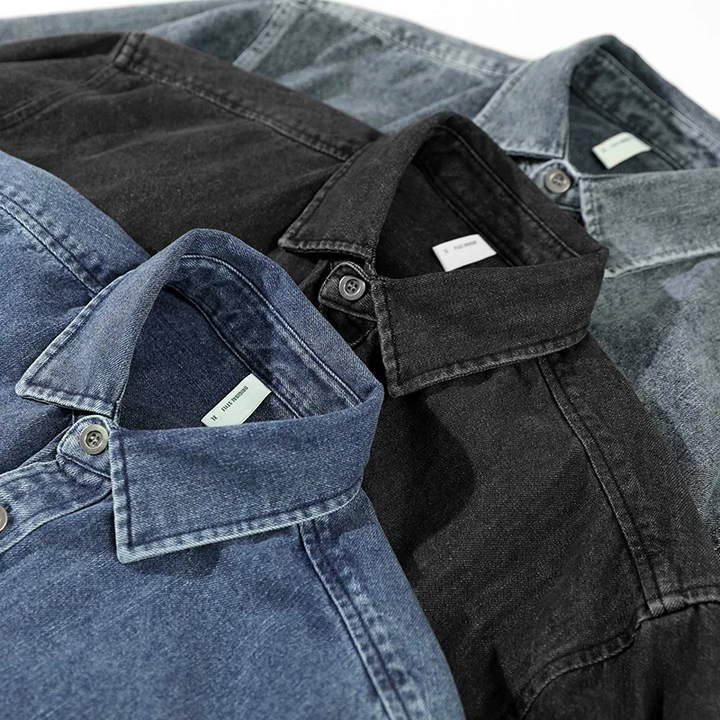 Relaxed fit men's washed denim button-up shirt for ultimate comfort & casual long sleeve style.