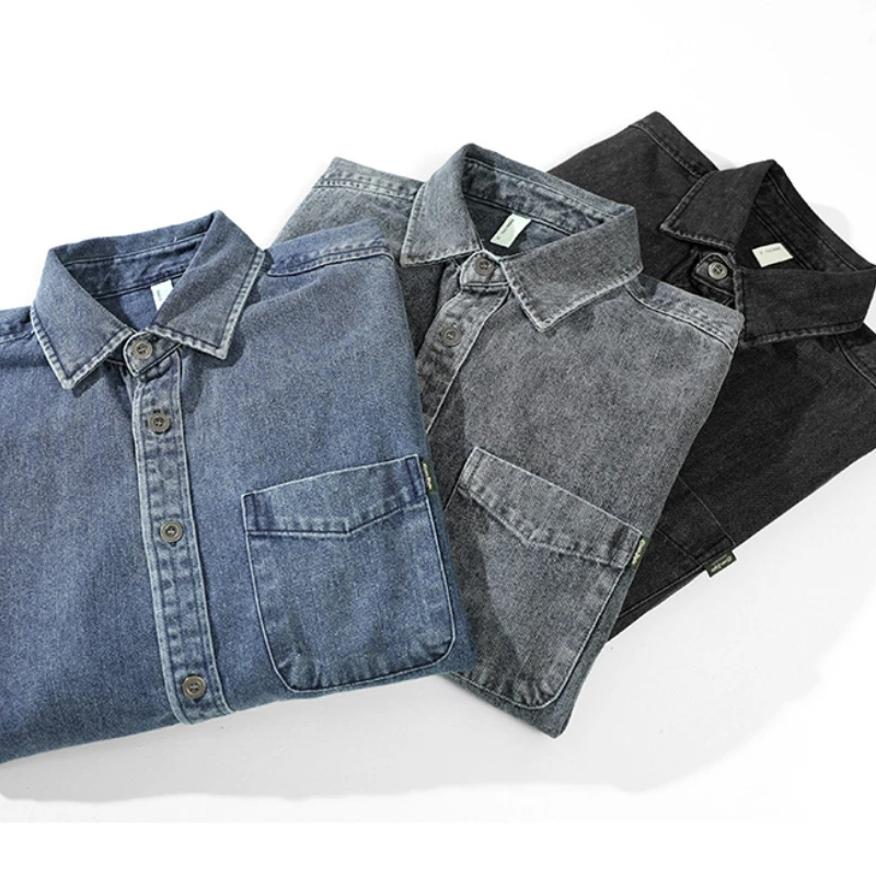 Versatile men's washed denim button-up shirt for smart casual looks & everyday comfort.