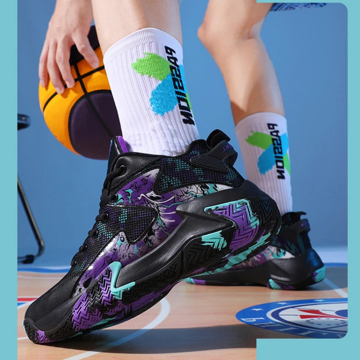 Lace-up men's bold graphic basketball sneakers, court trainer providing stability and impact absorption.