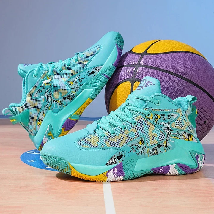 Rear view of men's graphic print high-top basketball shoes, emphasizing ankle support and design.