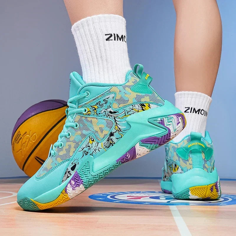 Close-up of the bold graphic on men's basketball court sneakers, high-performance athletic footwear.