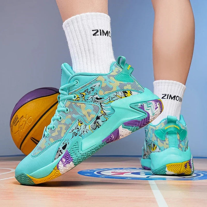 Close-up of the bold graphic on men's basketball court sneakers, high-performance athletic footwear.