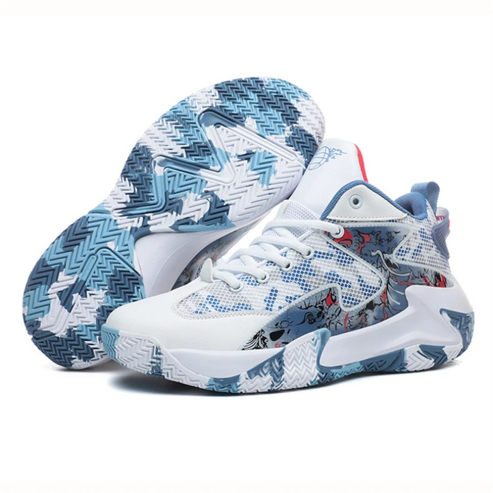Men's sports shoes: high-top graphic basketball court trainer with impact absorption & secure lace-up.