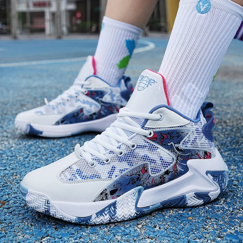 Durable men's graphic print basketball sneakers, high-top court athletic footwear for intense play.