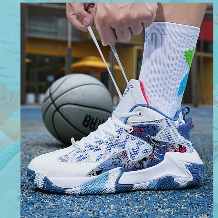 Men's bold graphic basketball shoes, high-top court sneakers for athletic performance & ankle support.