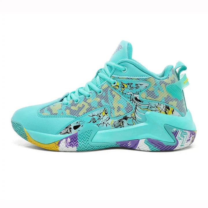 Dynamic men's bold graphic basketball court trainer, high-top athletic footwear for impact absorption.