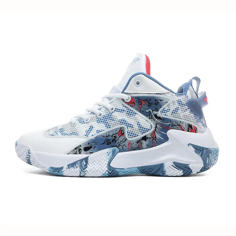 Men's graphic sports shoes: high-top basketball court sneakers with ankle support for active players.