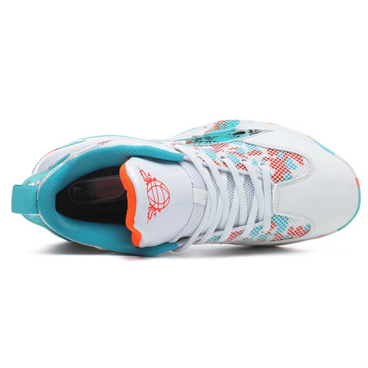 Front view of men's bold graphic basketball court trainer, high-top athletic footwear for sports performance.