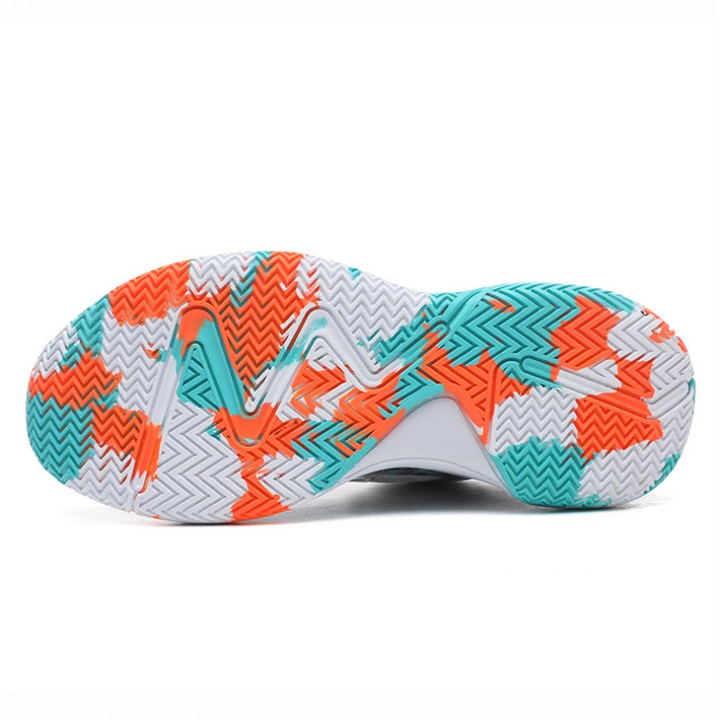 Side view of Calvin men's graphic print basketball sneakers, offering ankle support & impact absorption.