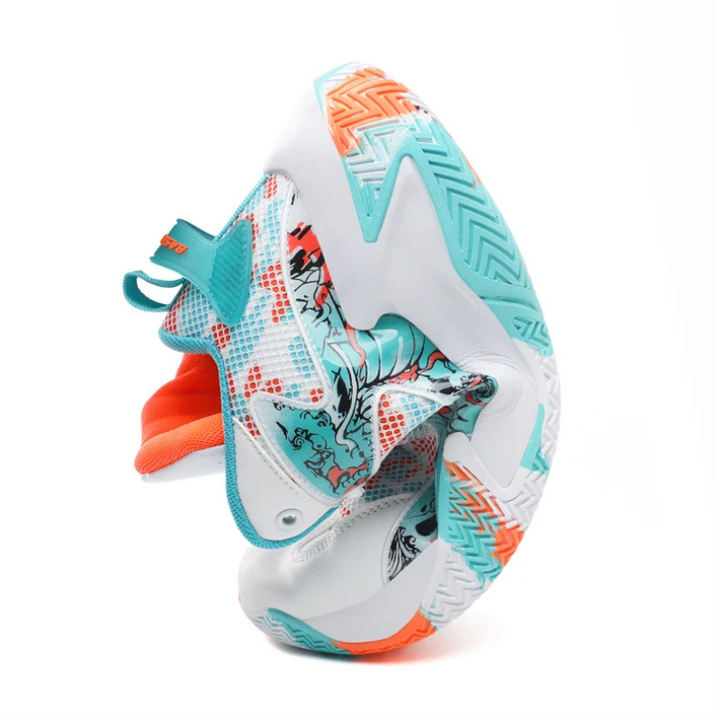 Men's high-top graphic basketball court shoes, athletic footwear designed for performance & bold style.