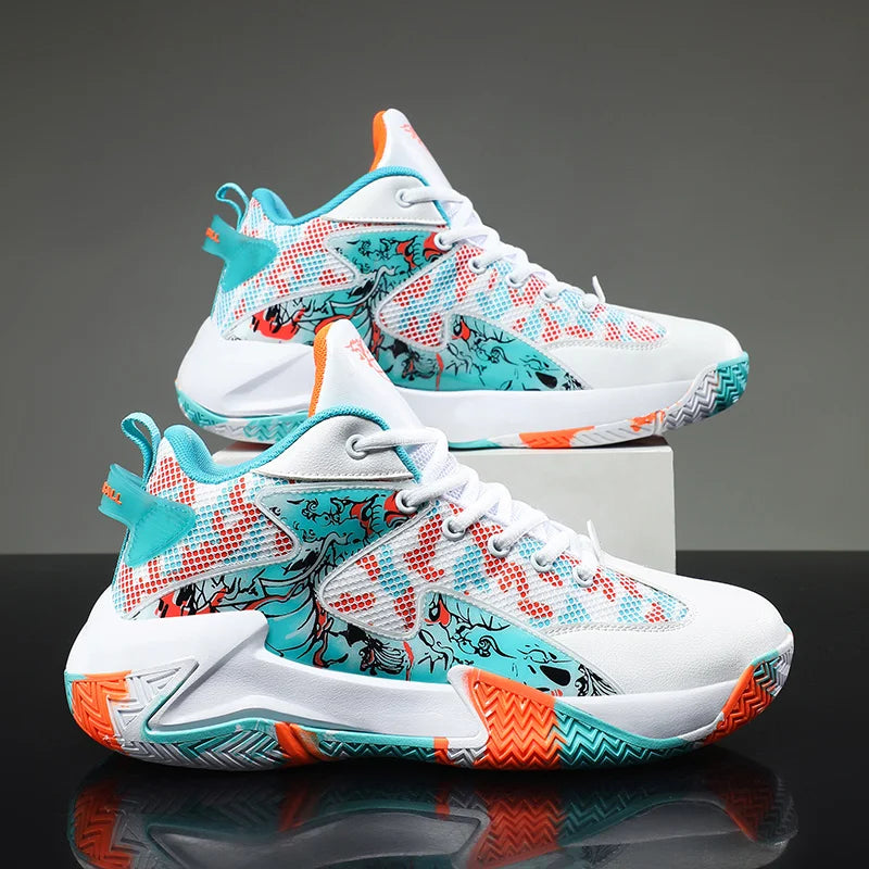Bold graphic print men's basketball sneakers, lace-up court trainer with advanced impact absorption.
