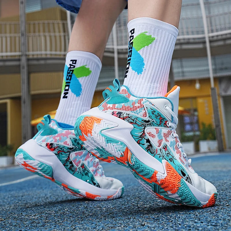Performance men's graphic print high-top basketball shoes, court athletic footwear for dynamic sports.