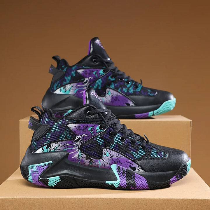 Men's graphic print athletic footwear, high-top basketball court shoes for speed and support.