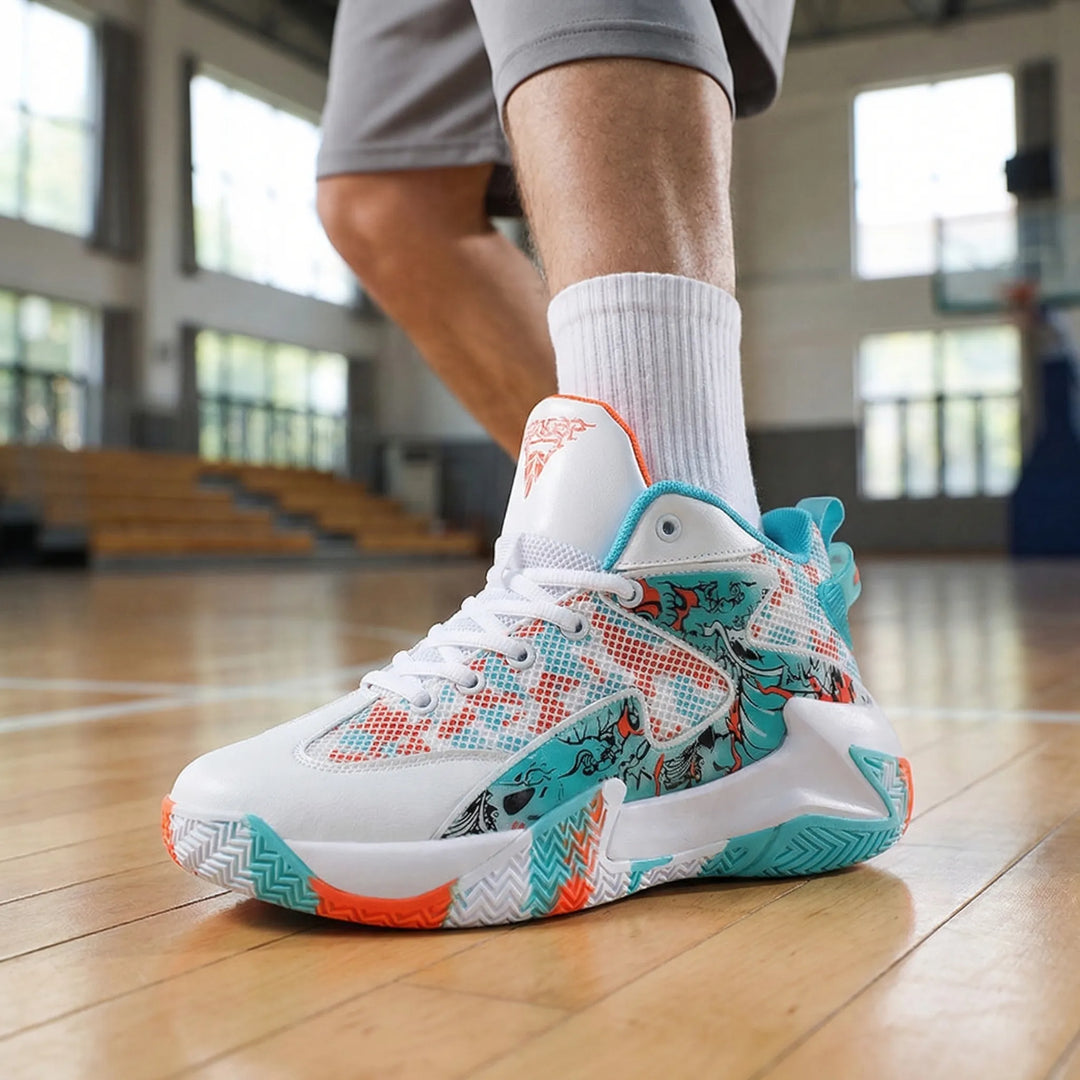 Men's bold graphic high-top basketball sneakers for court performance, featuring dynamic design & traction.