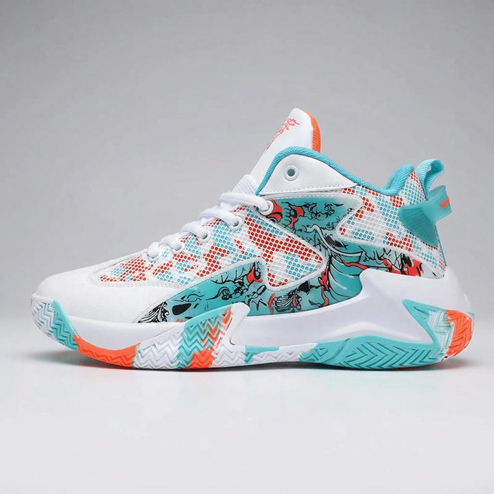 High-top men's court trainers with graphic print, offering ankle support & grip for basketball performance.