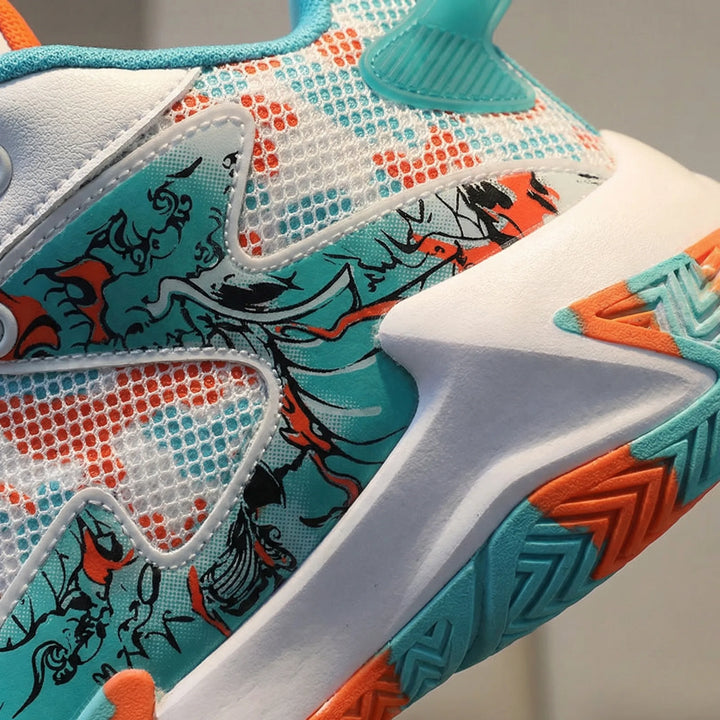 Men's athletic high-top basketball shoes, bold graphic design for dynamic court play and enhanced traction.