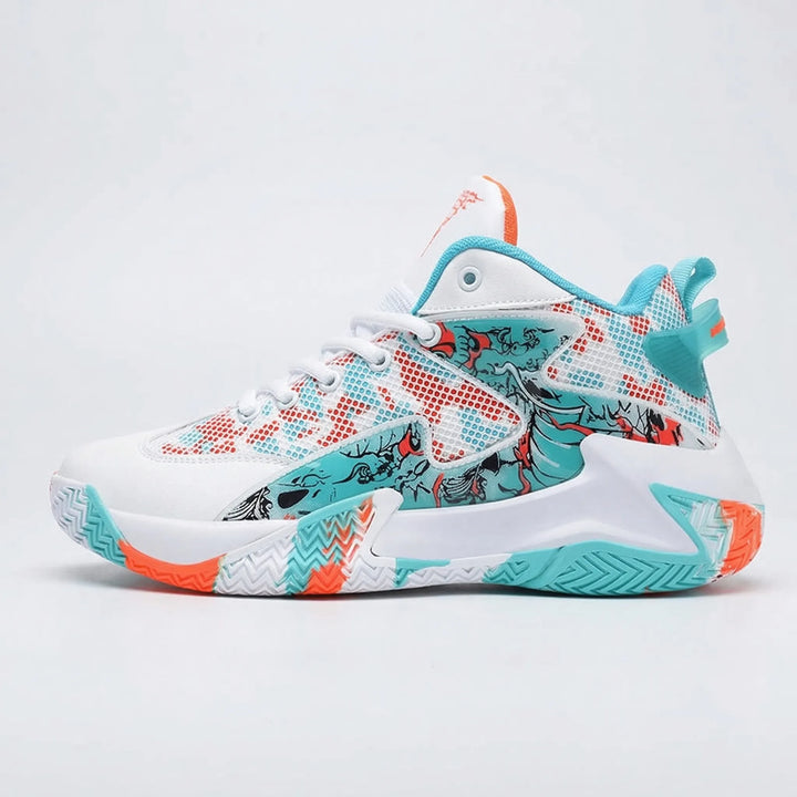 Bold graphic men's high-top court sneakers, perfect for basketball training & athletic performance with support.
