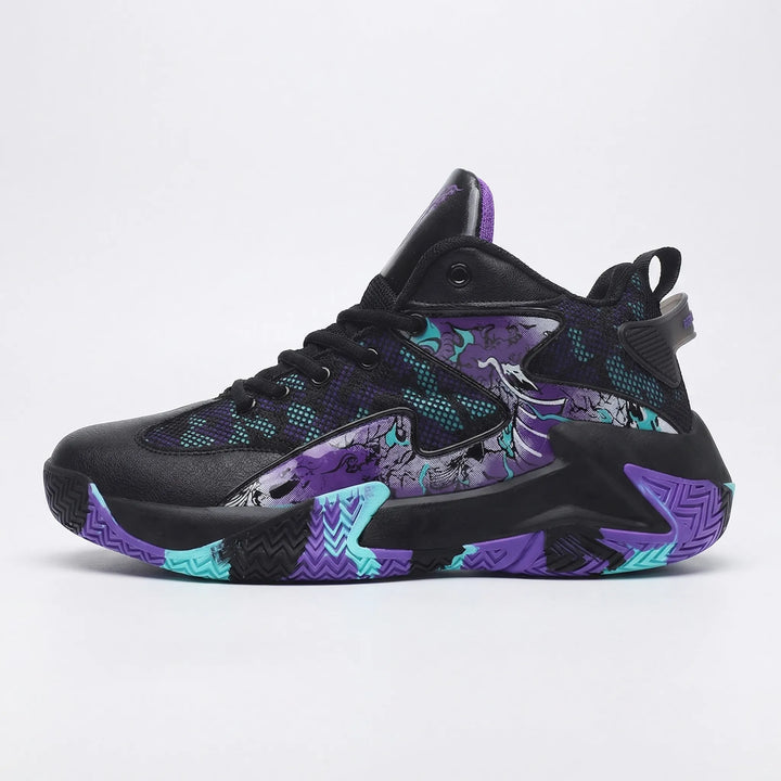 Men's performance high-top graphic basketball sneakers, designed for court agility, training & ankle support.