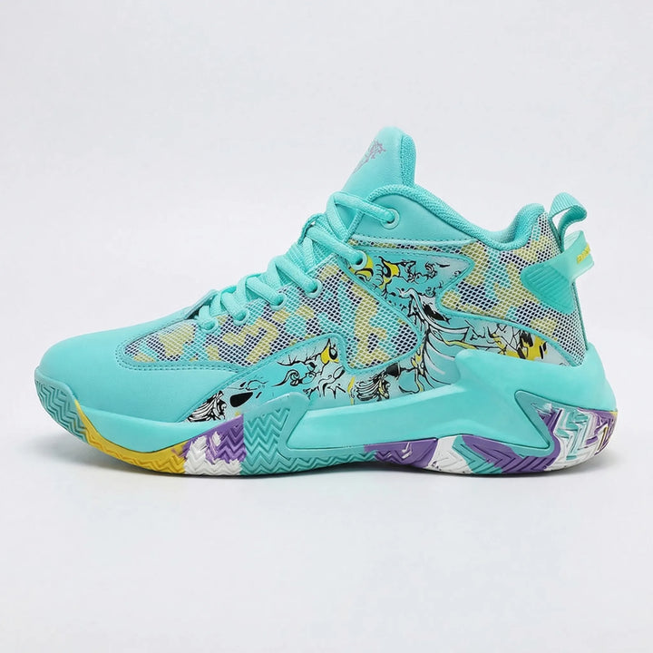 Stylish men's graphic high-top basketball shoes, court-ready athletic footwear with superior traction & support.