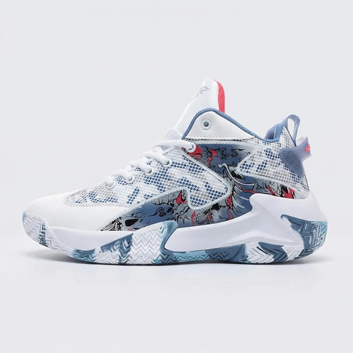 Men's bold graphic print high-top basketball sneakers, ideal for court performance, sports & training.