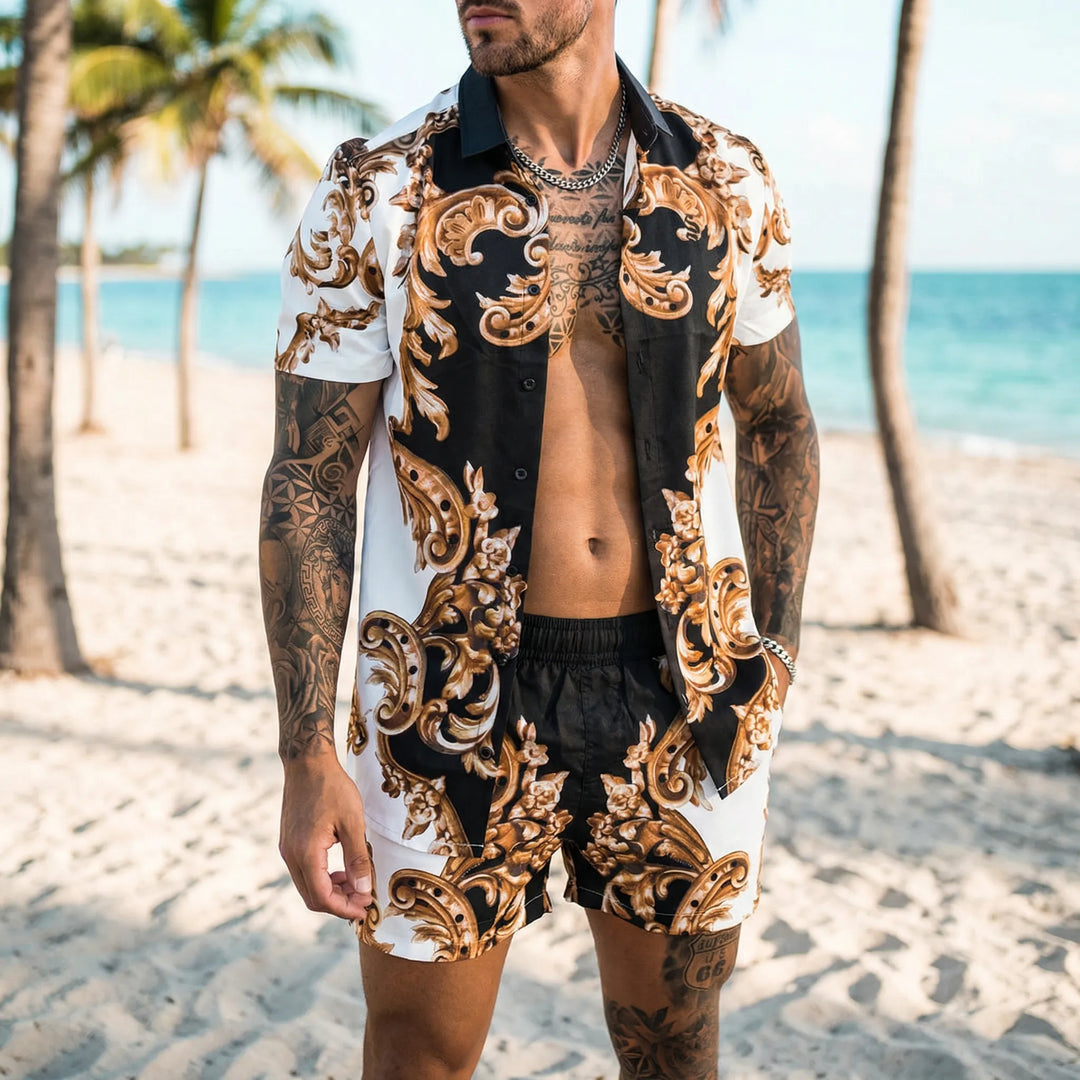 Men's bold graphic print two-piece summer set, perfect for beachwear & casual resort wear.