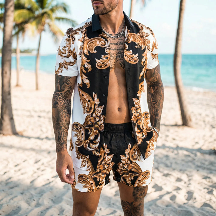 Men's bold graphic print two-piece summer set, perfect for beachwear & casual resort wear.