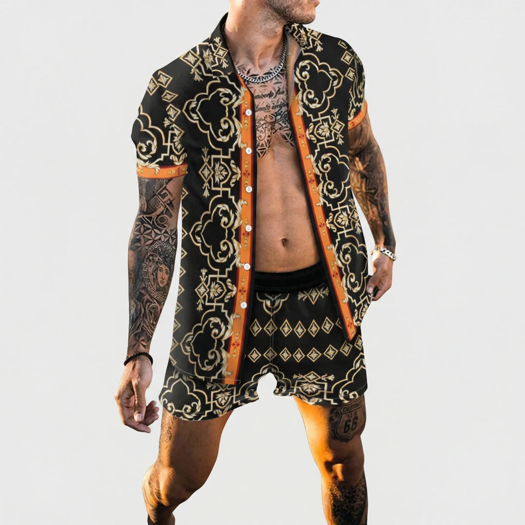 Men's eye-catching graphic print two-piece summer set, a comfortable and stylish vacation outfit.