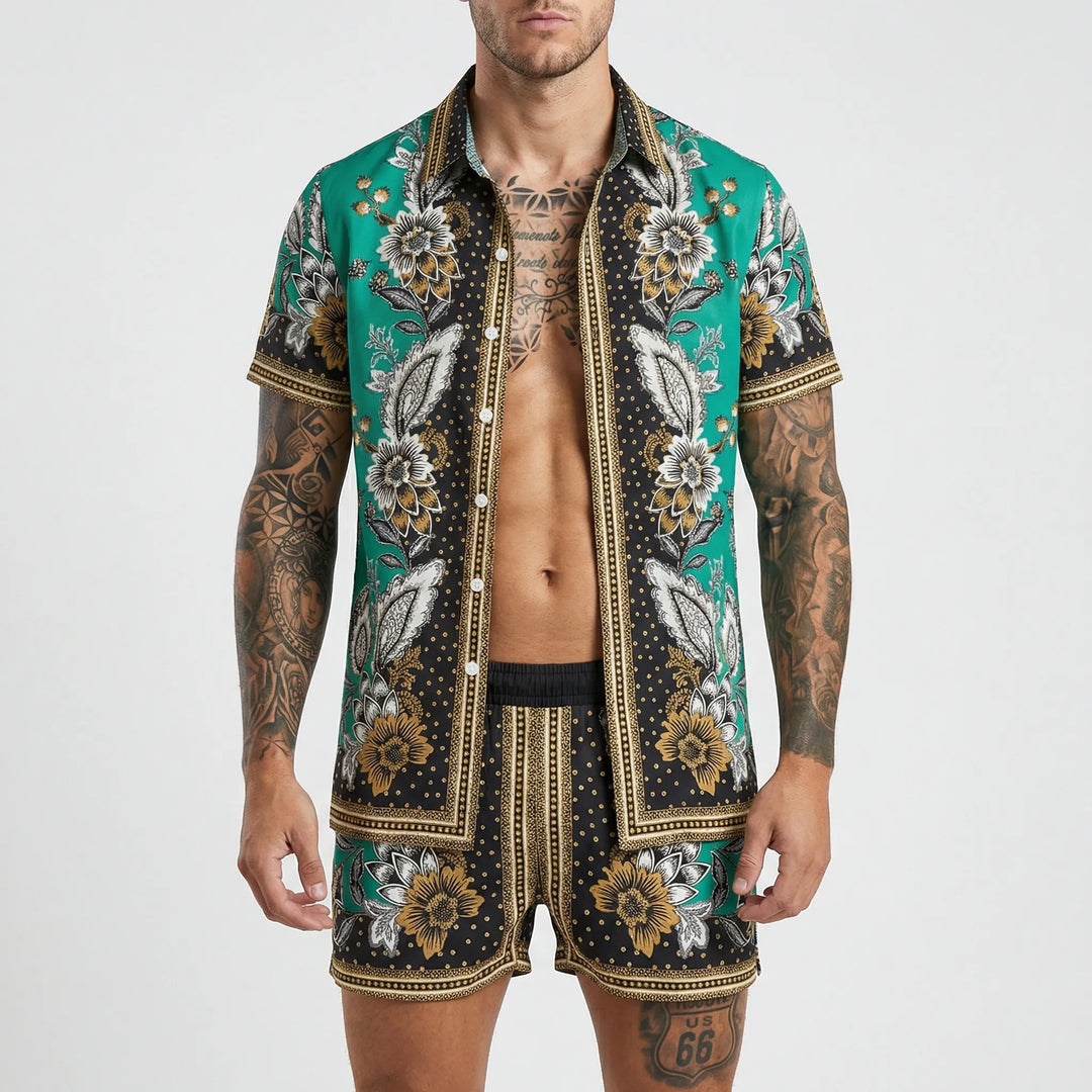 Men's casual summer two-piece outfit with a bold print, perfect for beach, resort or everyday wear.