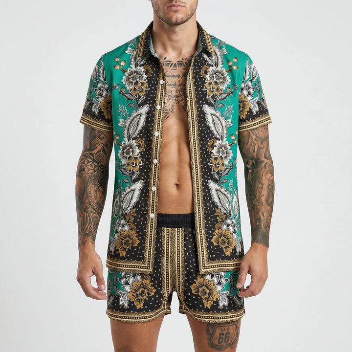 Men's casual summer two-piece outfit with a bold print, perfect for beach, resort or everyday wear.