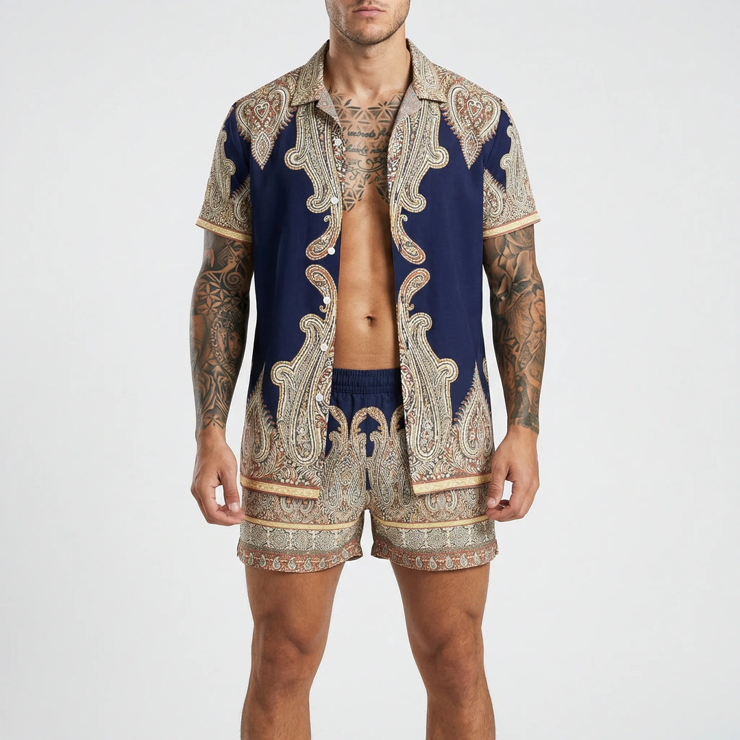 Men's bold print two-piece summer shorts set for vacation, beach, or casual resort wear.