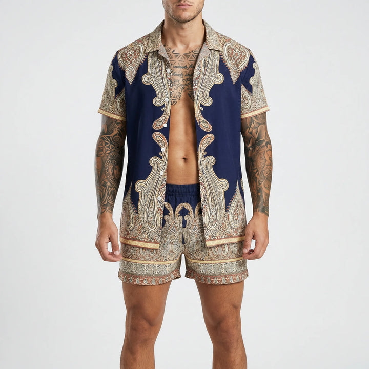 Men's bold print two-piece summer shorts set for vacation, beach, or casual resort wear.