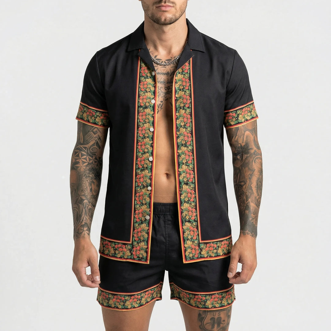 Men's bold graphic print two-piece resort wear set, ideal for summer vacations & stylish loungewear.