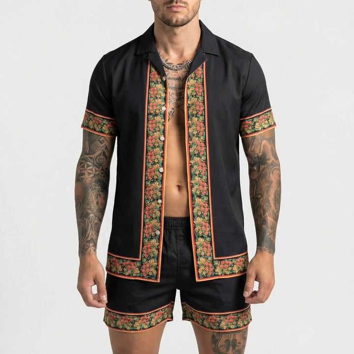 Men's bold graphic print two-piece resort wear set, ideal for summer vacations & stylish loungewear.
