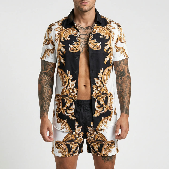 Men's stylish two-piece shorts set with a bold print, ideal for summer vacations & beach outfits.