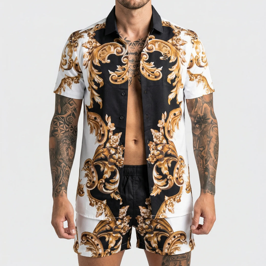 Men's vibrant graphic print two-piece beachwear set, perfect for summer days & resort outfits.