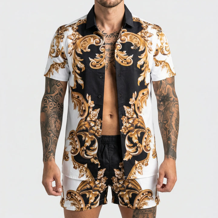 Men's vibrant graphic print two-piece beachwear set, perfect for summer days & resort outfits.