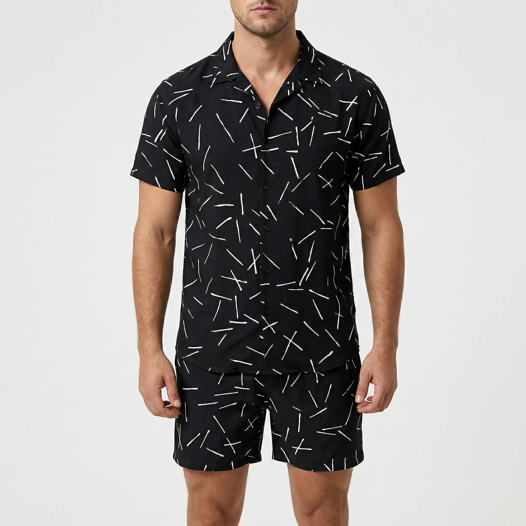 Men's matching two-piece summer set with bold graphic print, great for loungewear & casual wear.