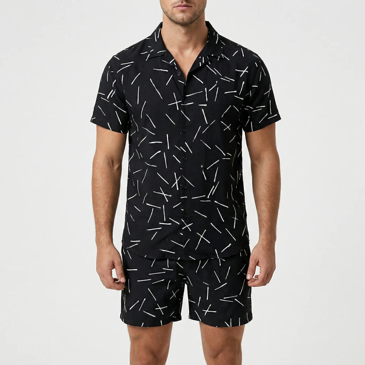 Men's matching two-piece summer set with bold graphic print, great for loungewear & casual wear.