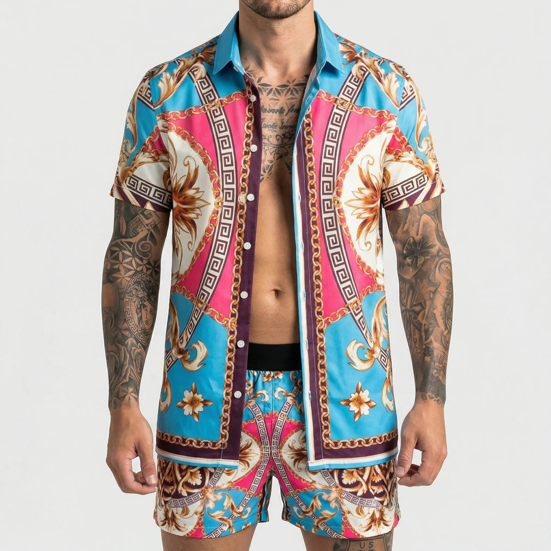 Comfortable men's bold print two-piece summer set, great for lounging, vacation, or beach.