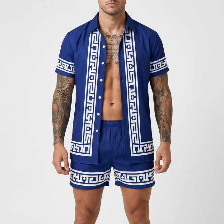 Men's bold print short sleeve shirt and matching shorts two-piece summer set.